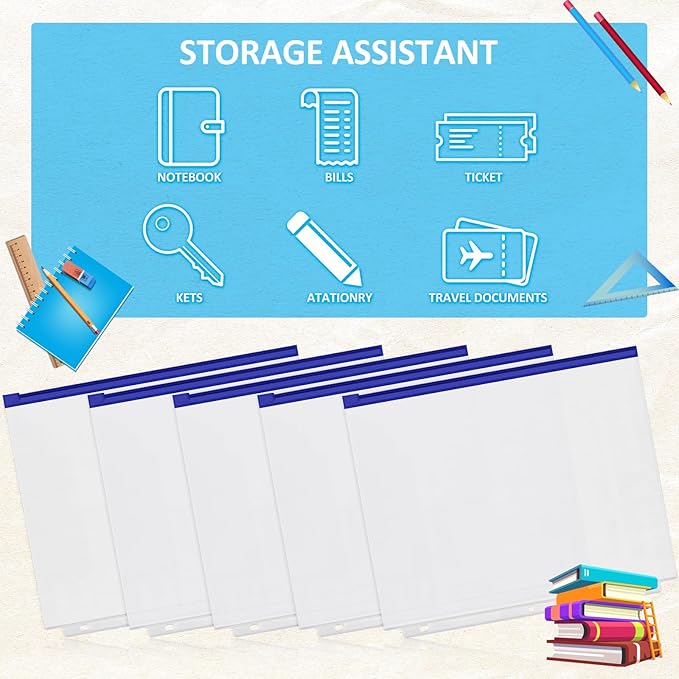 Zonon 30 Pcs A4 3 Rings Blue Zipper Binder Pouches Clear Binder Pockets with Zipper Folders Waterproof PVC Loose Leaf Bags Filling Bags for Pen Pencil Notebooks File Document