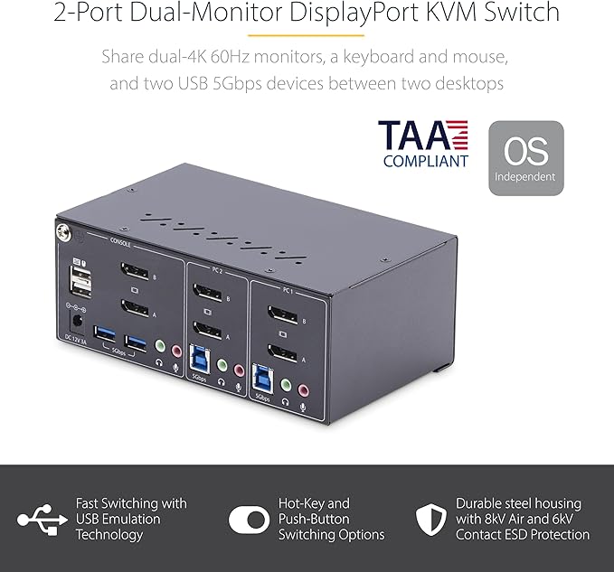 StarTech.com 2-Port Dual-Monitor DisplayPort KVM Switch, 4K 60Hz, 2X USB 5Gbps Hub Ports, 2X USB 2.0 HID Ports, Hotkey and Push-Button Switching, TAA Compliant (P2DD46A2-KVM-SWITCH)