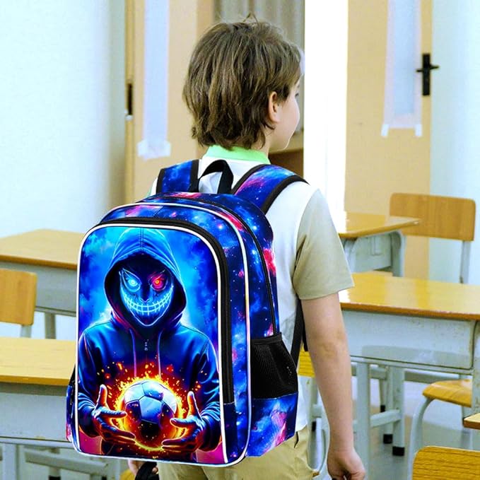KLFVB 3PCS Boys Bookbag, 17" Kids Football Backpack and Lunch Box, Water Resistant School Backpack for Teenagers Middle Elementary - Demon Soccer
