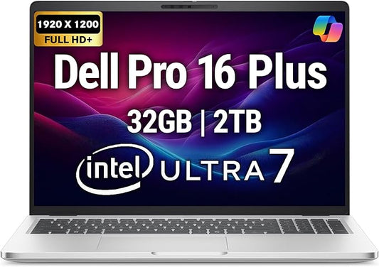 Dell Pro 16 Plus PB16250 (Replaces Latitude 5550) AI Business Notebook 16" FHD+ Intel Ultra 7-265U, 32GB DDR5 RAM, 2TB SSD PCIe, Wi-Fi 6E, BT, Backlit Keyboard, HD Webcam, RJ-45, Win 11 Pro - Silver