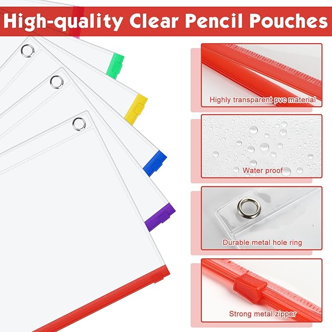 Lincia 24 Pack Clear Pencil Pouch for 3 Ring Binder Pencil Case with Zipper 3 Ring Binder Pocket Insert Bag 10 x 7'' Visible Cash Envelope with Re-enforced Grommet for Office (Colorful,Clear)