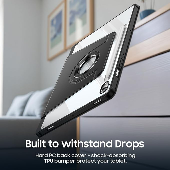 Fintie 360 Degree Rotating Case for Samsung Galaxy Tab S10 Lite/ S10 FE/ S9 FE 5G 10.9 Inch/Tab S9 11 Inch with S Pen Holder, Swiveling Protective Stand Clear Back Cover, Black