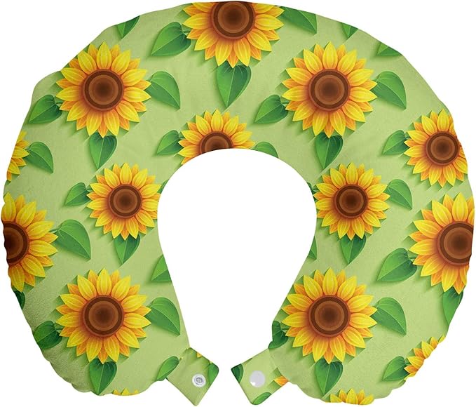 Ambesonne Floral Yellow Travel Pillow Neck Rest, Sunflowers with Leaves Summer Vibes, Memory Foam Traveling Accessory for Airplane and Car, 12", Pistachio Green Redbrown