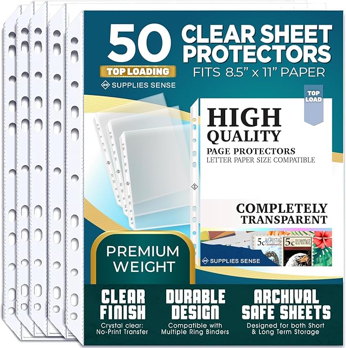Sheet Protectors for 3 Ring Binder, 50 Pack Premium Clear Page Protector 8.5 x 11 inch, Plastic Sleeves for Binders, Top Loading Paper Sheets Document Sleeve Letter Size, Photo, Office, Home