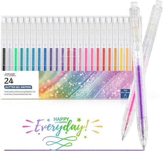 Glitter Gel Pens, 24 Colors Metallic Vibrant Retractable Sparkle Gel Pens for Coloring Journaling Drawing Doodling Colored Pen for Kids Adult Fun Pens 0.8-1mm