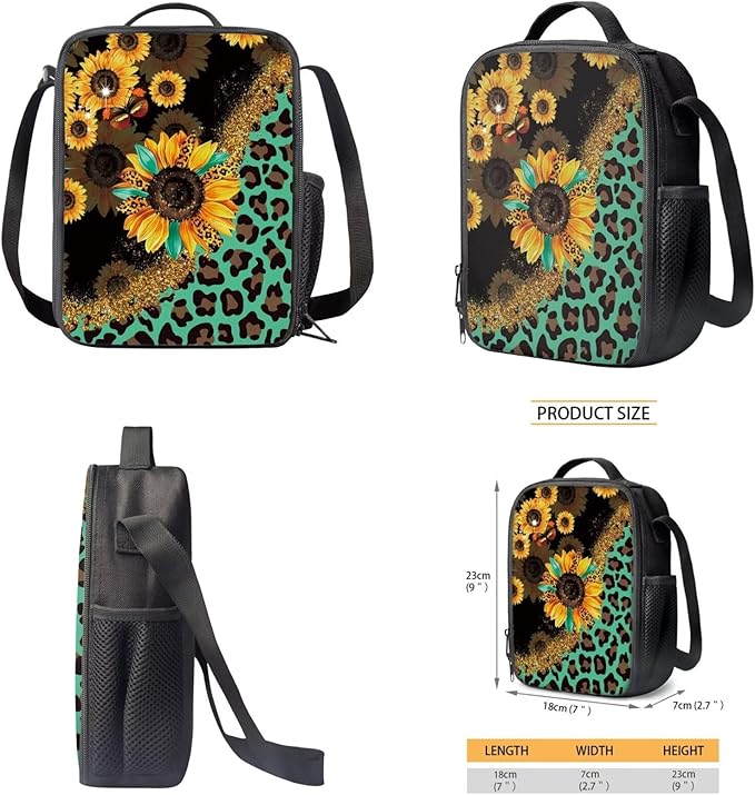 CLOHOMIN Sunflowers Backpack with Lunch Bag Leopard Print Children Book Bag Set of 3 Girls Boys Pencil Case Leakproof Lunch Box for Kids Elementary School Bags and Cooler Bags