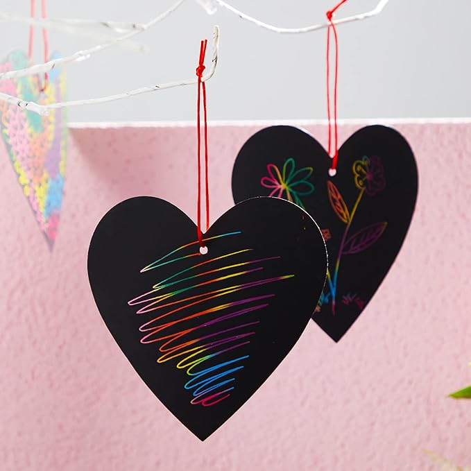 JOYIN 60 Packs Valentines Day Gifts Cards with Scratch Heart for Kids Magic Color Scratch Paper Heart Rainbow Cards for Valentine Crafts and Art Classroom Exchange, Party Favors