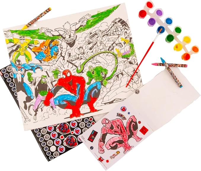 Ultimate Spiderman Painting Kit - Bundle of 50+ Drawing Supplies: Canvas, Paint Pods, Markers, Crayons, More | Spiderman Creative Coloring Canvas Set