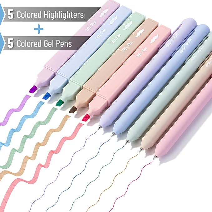 Mr. Pen- Aesthetic Highlighters and Gel Pens, 10 Pack, Assorted Colors Bible Highlighters No Bleed, Colorful Ink Aesthetic 0.5mm Gel Pens, Cute Highlighter Pens