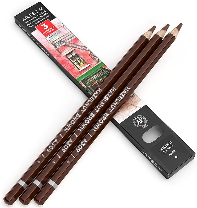Arteza Professional Watercolor Pencils, Pack of 3, А309 Hazelnut Brown, Water-Soluble Pencils for Coloring, Blending, Layering & Watercolor Techniques