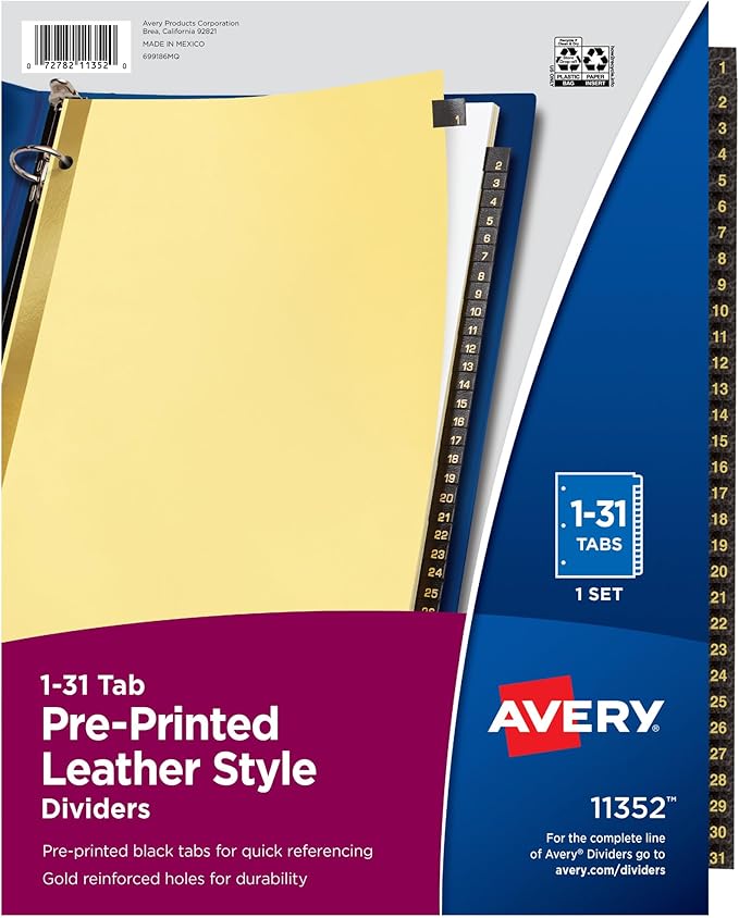 Avery Gold Reinforced Leather Tab Dividers, 31-Tab, 1-31, Letter Size, Black, 31 per Set (11352)