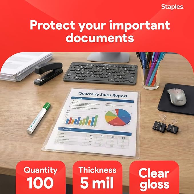 Staples Thermal Laminating Pouches, Letter Size, 9 x 11.5 Inches, 5 Mil, 100/Pack, for Office & School Use