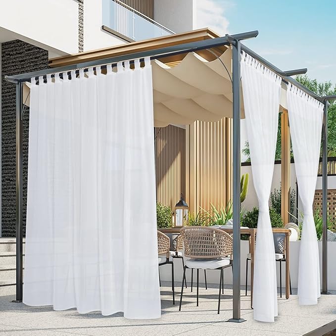 NICETOWN 2 Panels Patio Outdoor Curtains for Patio Waterproof, Self-Stick Tab Top Indoor Outdoor Waterproof Sheer Drapes with Light Filtering for Pergola/Porch, W100 x L108, White