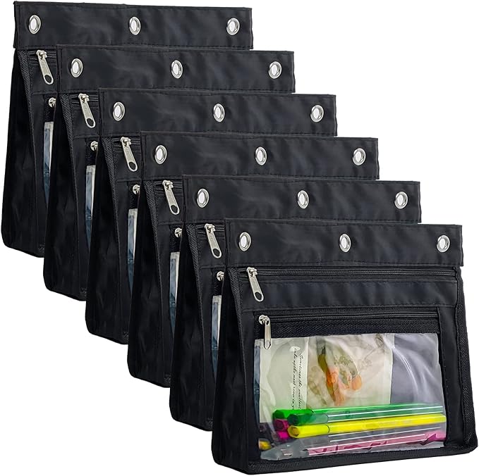 YoeeJob 6 Pack 1 Inch Expandable Zipper Pencil Pouches with Clear Window for 3 Ring Binder, Suitable for School & Office (6, Black)