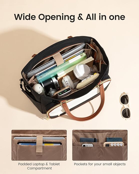 LOVEVOOK Teacher Tote Bag, Laptop Bag for Women with Large Cup Holder & Accordion File Area, Work Tote Bag for Business