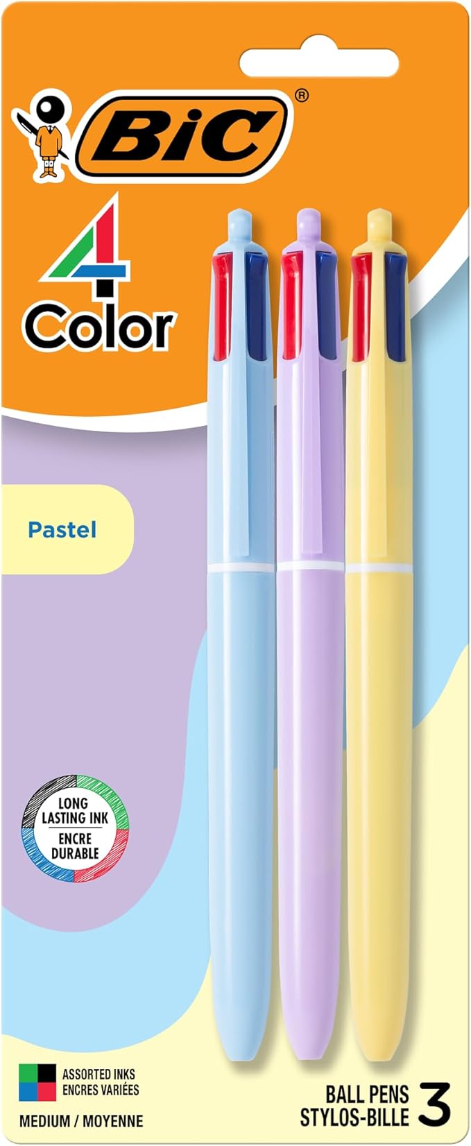 BIC 4-Color Pastel Ballpoint Pen with Soft-Touch Barrel and 1.0 mm Medium Point, 3-Count in Assorted Ink