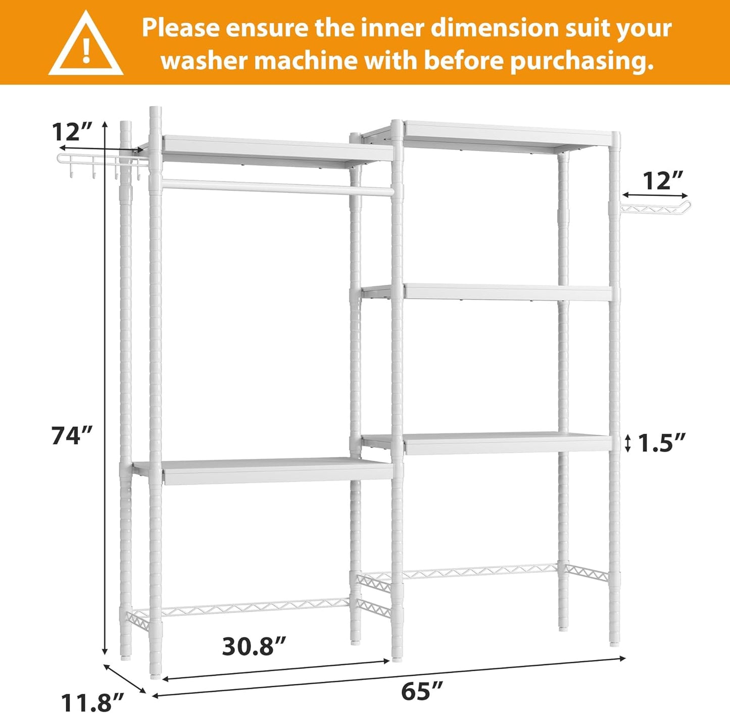 CABIHOME 5-Tier Over-The-Washer Shelf - Adjustable Height Laundry Organizer Space Saver, Double-Layer 100lb Shelves, 2 Hooks for Bathroom/Balcony (White)