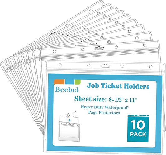 Beebel 10 Pack Job Ticket Holders 8 1/2" x 11" Waterproof Zip Page Protectors Heavy Duty Dry Erase Document Storage Shop Ticket Holders (Clear-Horizontal)
