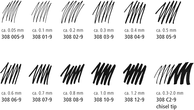 Staedtler Pigment Liner Pack, Black, 3 Pens, Assorted Line Widths 0.05mm/0.2mm/0.8mm, 308-9SBK3