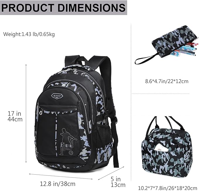 goldwheat School Backpack for Boys Cool Camouflage Bookbags with Lunch Box Pencil Case 3pcs for Middle School