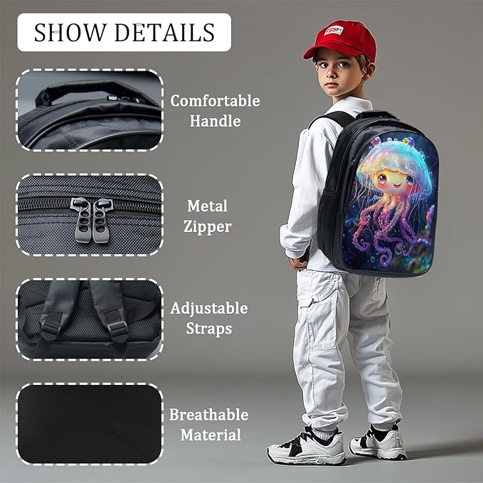 Cute Jellyfish Backpack Set 3 Piece School Bags and Lunch Box with Pencil Case Blue Ocean Jellyfish Bookbag Set for Toddler Kids Girls Boys Teens Kindergarten Elementary Middle