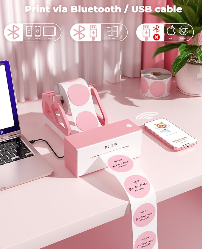 MUNBYN Bluetooth Thermal Label Printer, 4x6 Shipping Label Printer+2 Inch Pink Circle Thermal Sticker Labels+Label Holder for Rolls and Fanfold Labels