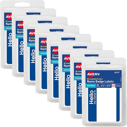 Avery Customizable Name Tags, Hello My Name is, 2-1/3" x 3-3/8", White, Blue Border, Removable Adhesive, Non-Printable, 200 Total (8-Pack of 6175)