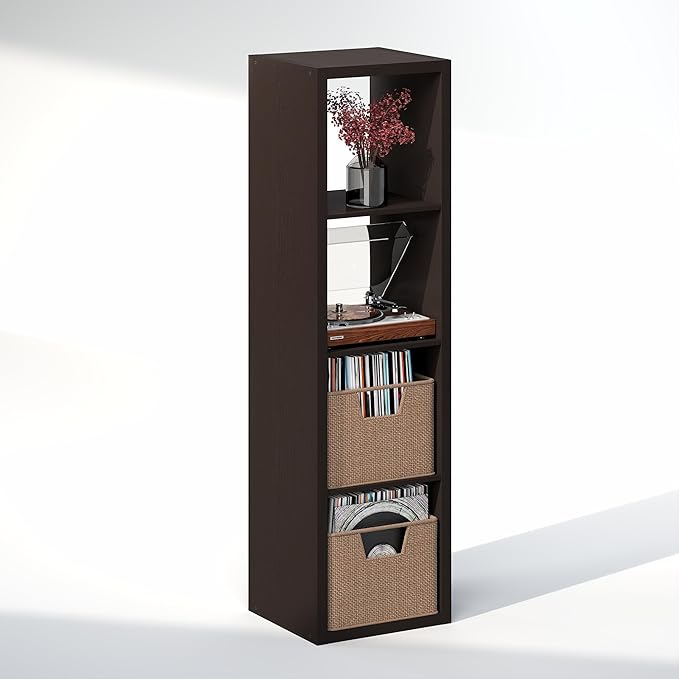 Furinno Cubicle Record Player Stand with Vinyl Storage, 4-Cube 1.2 Extra Thick Vinyl Record Storage, Open Back Media Shelf for CD DVD Blueray Game Disc, for Living Room, Home Office, Black Dark Oak