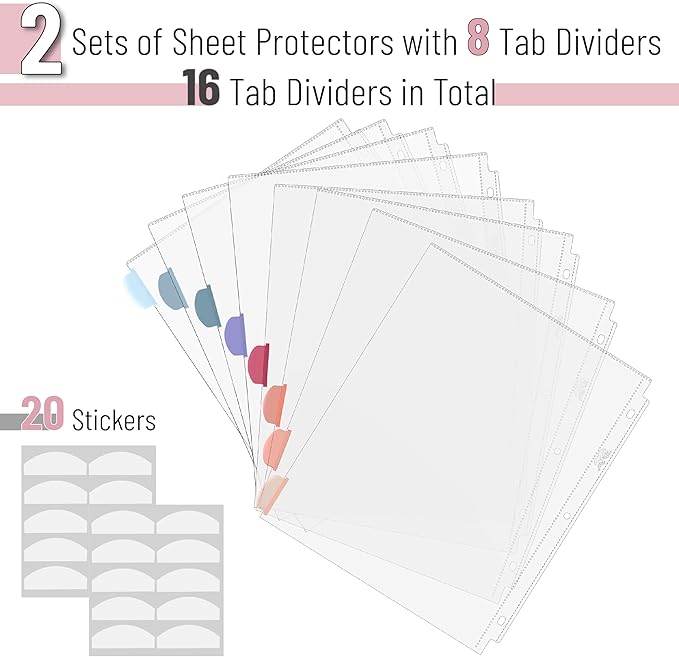 Mr. Pen- Clear Sheet Protectors with Tabs, 8 Tabs, 2 Sets, Clear Plastic Dividers for 3 Ring Binder, Insertable Index Page Divider Multicolor Tabs