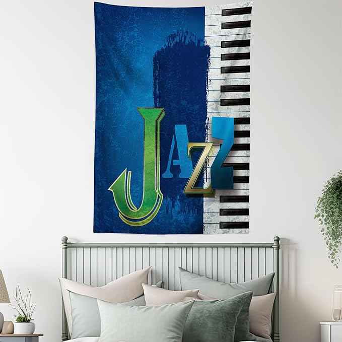 Ambesonne Jazz Music Tapestry Twin Size, Abstract Cracked Background Piano Keys Themed Print Rhytym Image, Wall Hanging Bedspread Bed Cover Wall Decor, 68" X 88", Navy Green White