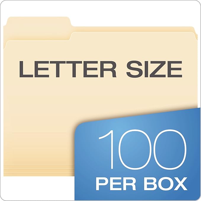 Pendaflex File Folders,Letter Size,8-1/2" x 11",Classic Manila,1/3-Cut Tabs in Left,Right,Center Positions,100 Per Box (65213),(Pack of 2)