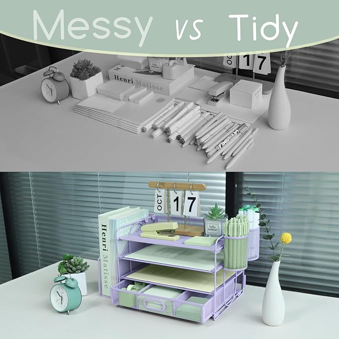 4 Tier Desk File Organiser with Extra Vertical File Sorter, Paper Letter Tray with Top Stationery Drawer Holder, A4 Paper Desktop Filing Trays, Magazine Document Holder for Home Office, Purple