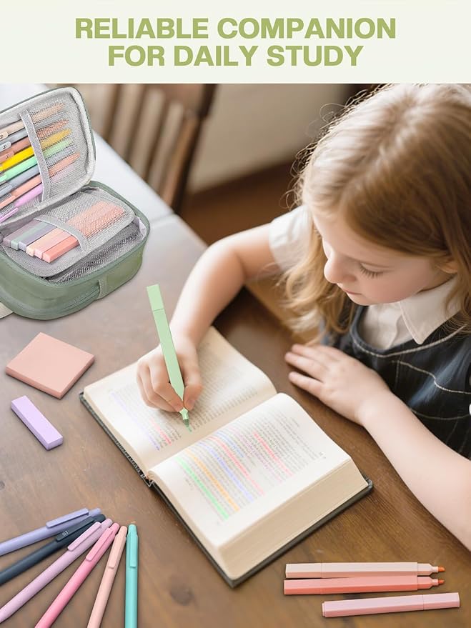 51 PCS Aesthetic School Supplies with Cute Pencil Case, 12 Pastel Highlighters, 8 Quick Dry Retractable Black Ink Pens, 6 Pastel Mechanical Pencil Student Stationary Bible Study Supplies(Beige Green)