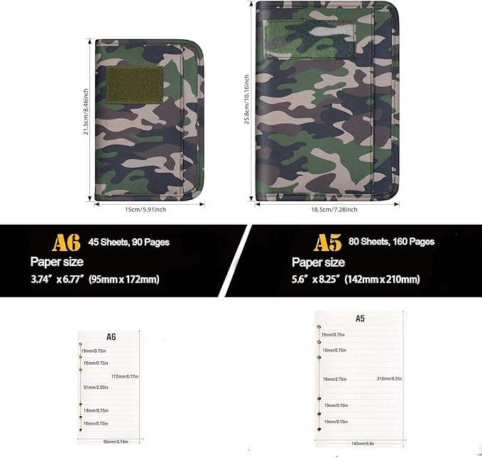 Kosibate Padfolio Ring Binder with 45 Sheets 90 Pages of Loose-Leaf Paper, Weatherproof Notebook Cover, Tactical Notebook with Zippered for Folders, Business Cards Refillable 6-Ring Notepad(5.5"x8.5")