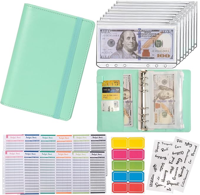 NICOOTHBudget Binder Cash Envelopes A6 Money Saving Binder with Zipper envelopes (A6 Green)