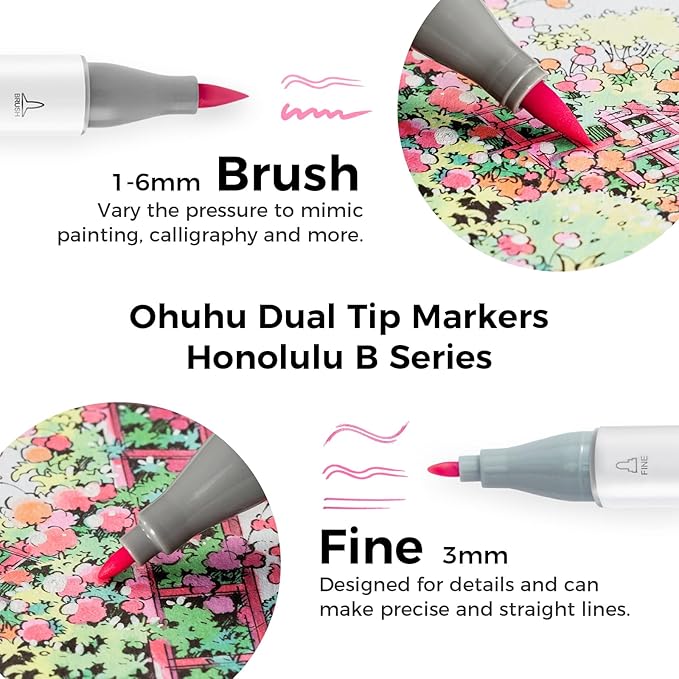 Ohuhu Pastel Markers Brush Tip, Alcohol-based Markers Double Tipped Artist Art for Sketch Adults' Coloring Illustration, 48 Pastel Colors +1 Alcohol Marker Blender + Marker Case, Brush & Fine