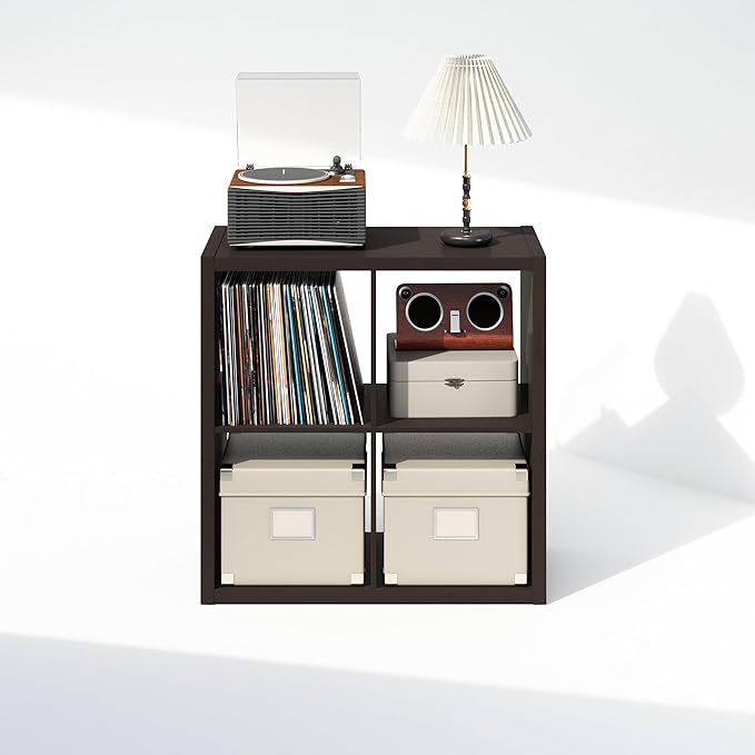 Furinno Cubicle Record Player Stand with Vinyl Storage, 4-Cube 1.2 Extra Thick Vinyl Record Storage, Open Back Media Shelf for CD DVD Blueray Game Disc, for Living Room, Home Office, Black Dark Oak