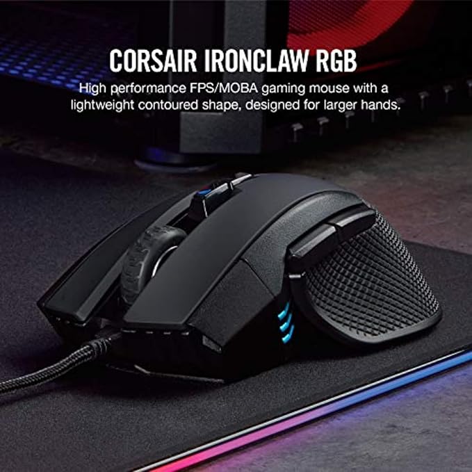 Corsair IRONCLAW RGB Wired FPS/MOBA Gaming Mouse – 18,000 DPI – 7 Programmable Buttons – Designed for Large Hands – iCUE Compatible – PC, Mac, PS5, PS4, Xbox – Black