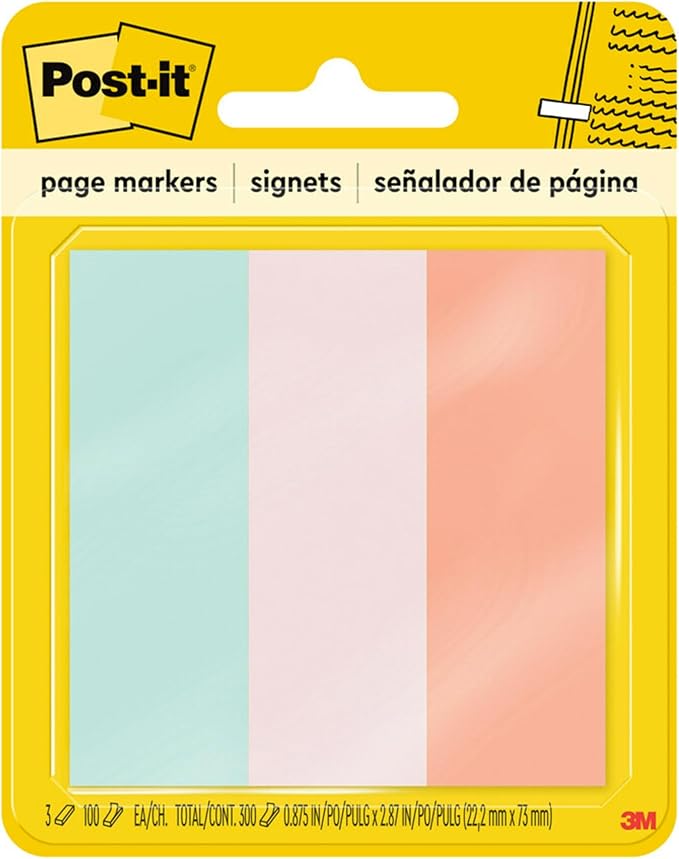 Post-it Page Markers, 1 in x 3 in, Ideal for Temporary Marking and Noting in Books, Assorted Colors, 100 Sheets/Pad, 3 Pads/Pack (5487)