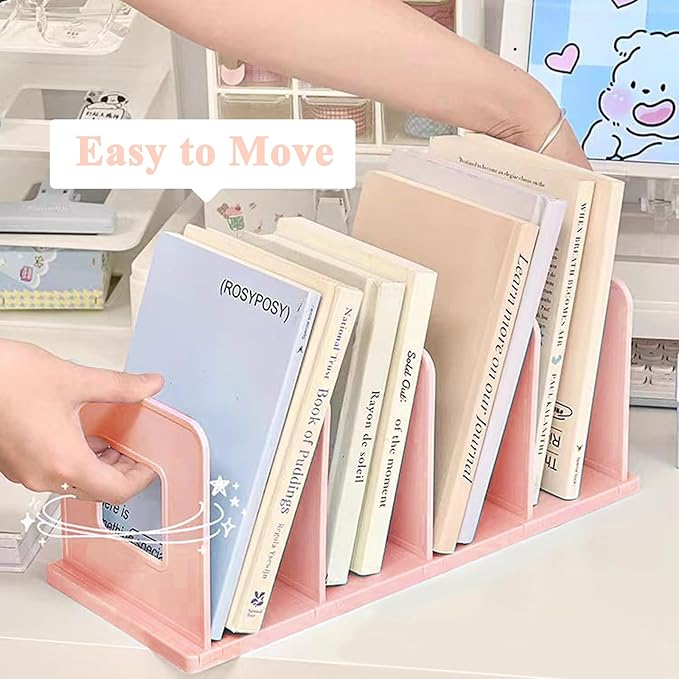 SAYEEC Desk File Sorter Vertical Desktop File Folder Organizer 4 Section Plastic Book Holder Adjustable Shelf Dividers Closet Purse Handbag Mail Binder Organizer Magazine Rack Stand Bookshelf (Pink)