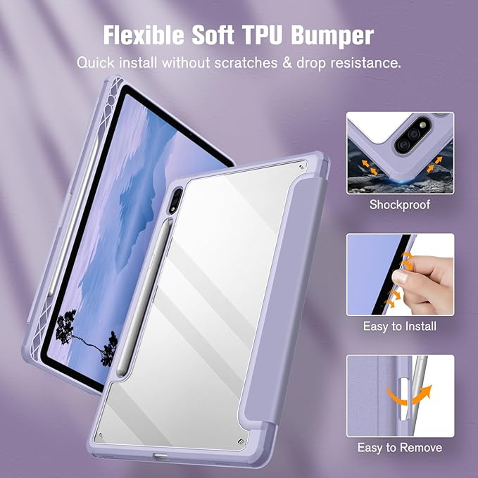 Fintie Hybrid Slim Case for Samsung Galaxy Tab S8/Tab S7 11 Inch (Model SM-X700/X706/T870/T875/T878) with S Pen Holder, Shockproof Cover with Clear Transparent Back Shell, Lilac Purple