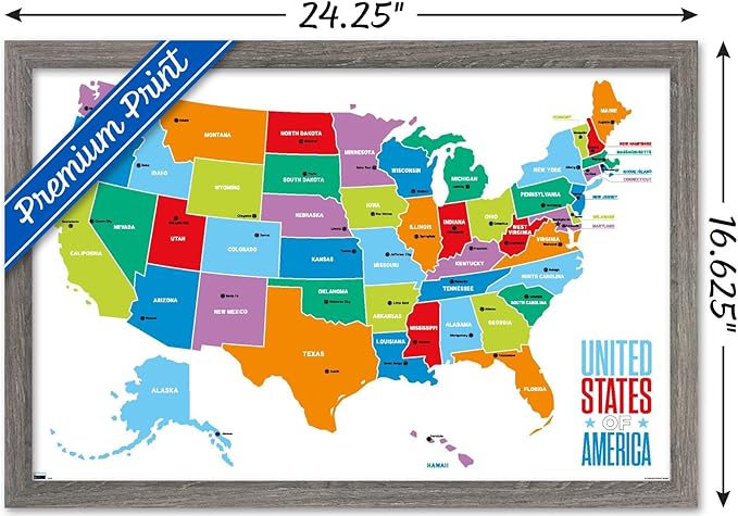 Trends International Map - United States Of America 2022 Wall Poster, 14.725" x 22.375", Barnwood Framed Version