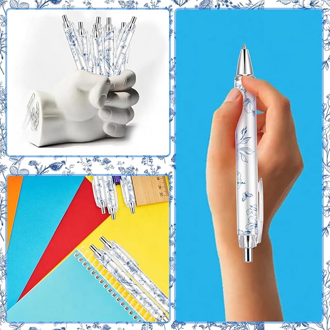 30PCS Blue and White Porcelain Pen 0.5mm Black Ink Fancy Pens Smooth Writing Retractable Ballpoint Pens for Journaling Aesthetic Office Supplies (BlueandWhitePorcelain, 30)