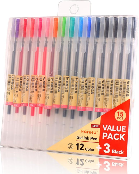 Colored Gel Pens, 0.5mm Fine Tip Pens, No Bleed, Quick Dry, 15 Pack Japanese Style Ball Point Journaling Pen for Coloring, Note Taking, Office School Supplies