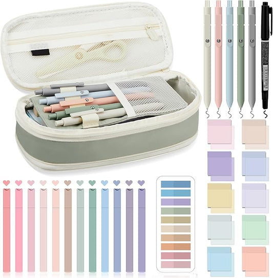 Jutom 39 Pcs Aesthetic Book Annotation Kit Highlighter with Pencil Case Bag Gel Pen Transparent Sticky Note Taking Bible Study College School Supplies (Green,Cute Style)