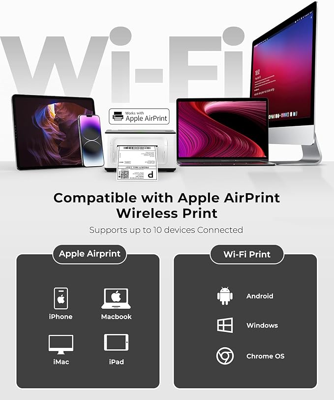 MUNBYN Wireless Wi-Fi Thermal Printer Shipping Label Printer, Compatible with AirPrint iPhone, iPad, MacOS, Android Windows Suit for Small Business, Etsy, Ebay, USPS, No Ink, Fast & Clear Printing