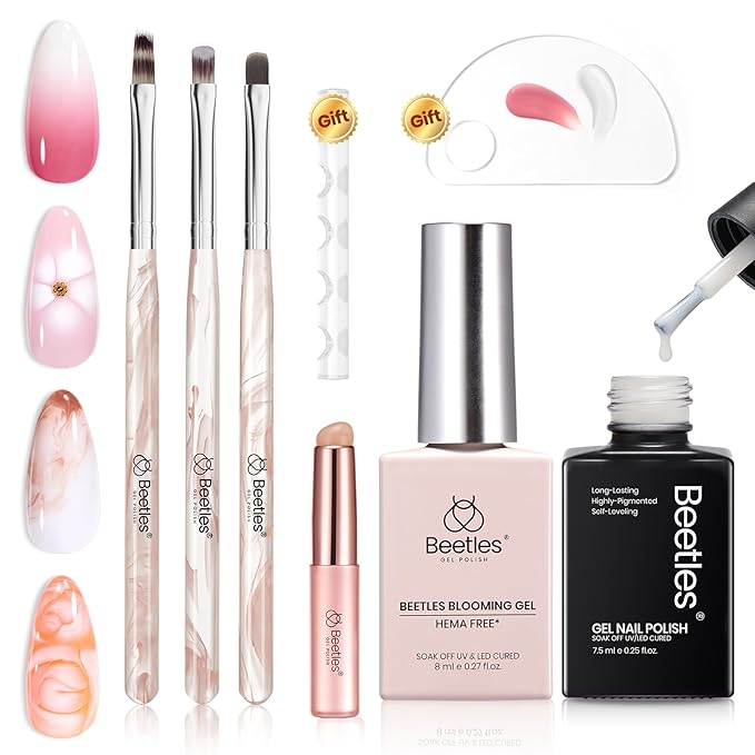 Beetles Blooming Gel, White Gel Nail Polish, Nail Art Brushes Set - Ombre Nails Brush Gradient Clean Up Fingernail Art Pens and Silicone Dotting Tool for Marble Blush Chrome DIY Manicure Designs