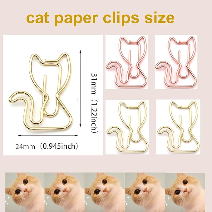 20 Pcs Metal Cat-Shaped Paper Clips Set - Cute Paperclips for Fun Office Supplies and Party Decor (Gold, Rose Gold)
