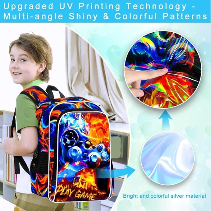KLFVB 3PCS Bookbag for Boys, 17" Boys Game Backpack and Lunch Box, Water Resistant Teenagers Backpacks for Middle Elementary - Flame Game