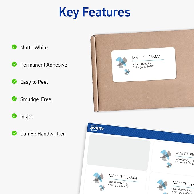 Avery Printable Shipping Labels with Sure Feed, 2" x 4" Customizable Stickers, White, 1,000 Blank Mailing Labels, Great for Mailing, Shipping, and More (8463)